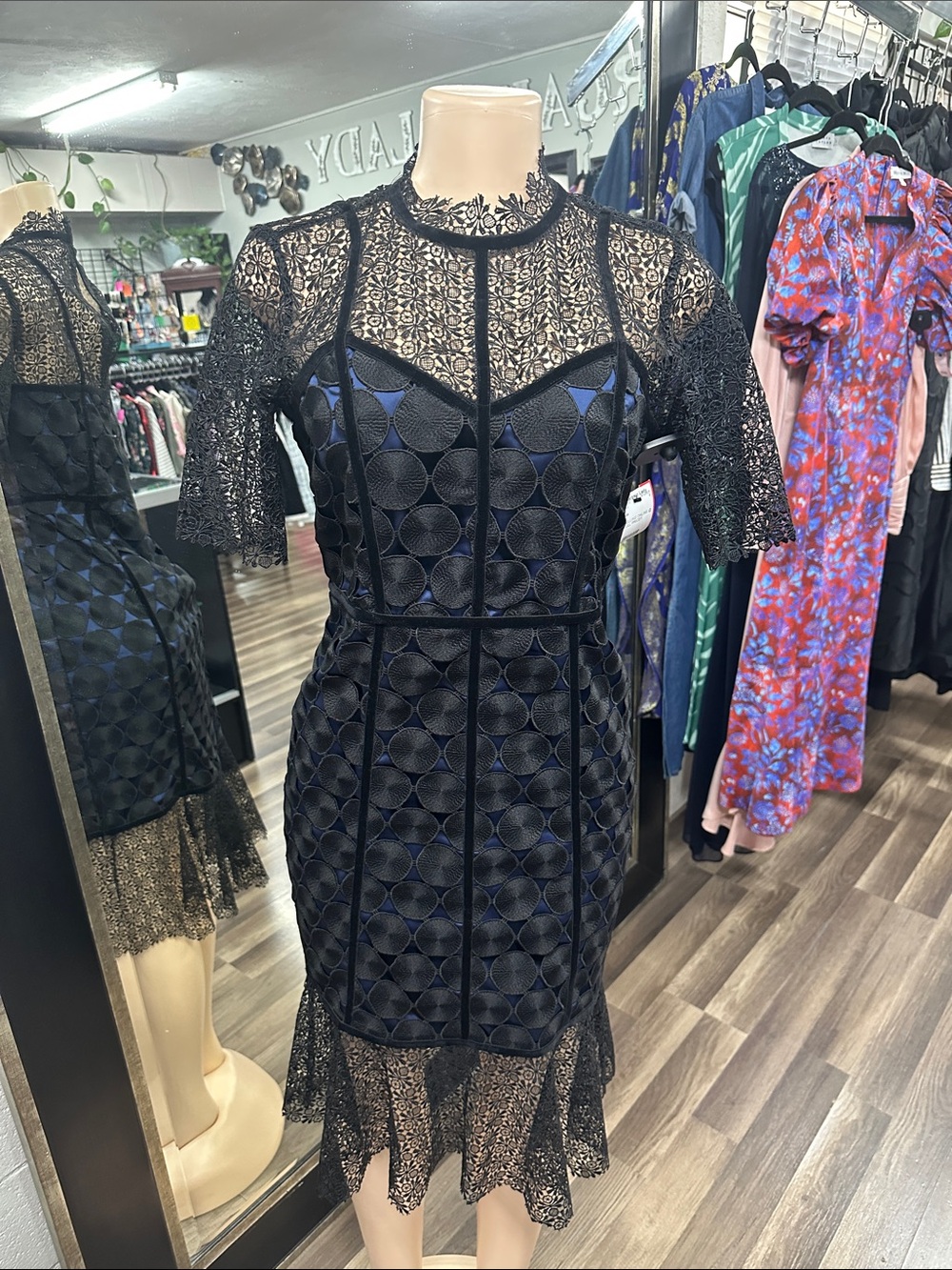 Elie Tahari Black Lace and Geometric Midi Dress